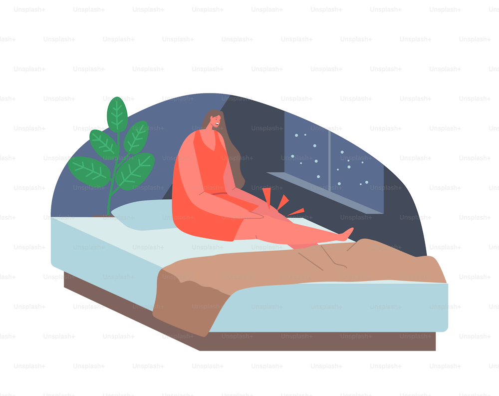 Woman with Cramps in Knees in her Bedroom, Female Character Woke Up in Middle of Night with Strong Pain, Muscle Fatigue, Symptoms of Serious Illness, Pain in Leg. Cartoon People Vector Illustration