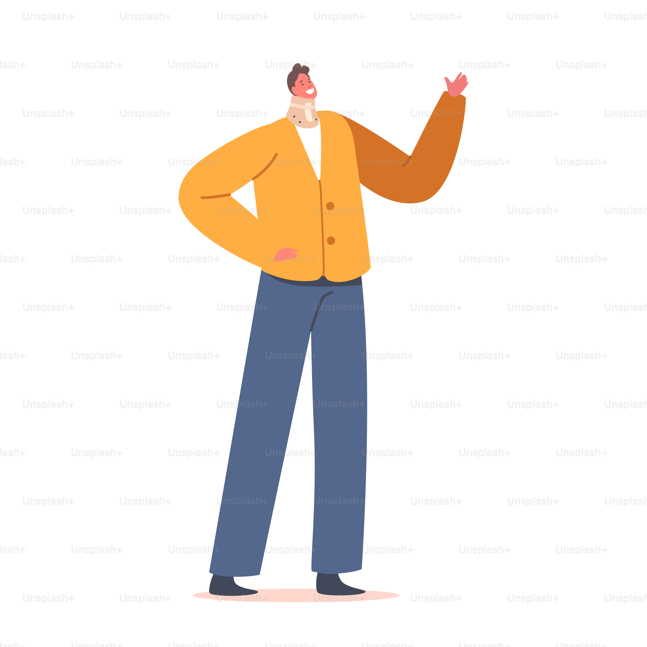 Injured Patient Male Character with Neck Brace Isolated on White Background. Bandaged Man with Spine or Cervical Injury in Hospital Traumatology Chamber after Accident. Cartoon Vector Illustration