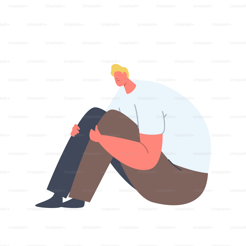 Depressed Unhappy Man Sitting on Floor with Sad Face, Male Character need Professional Psychological Help. Mind Health Problem, Depression, Mental Disease Concept. Cartoon Vector Illustration