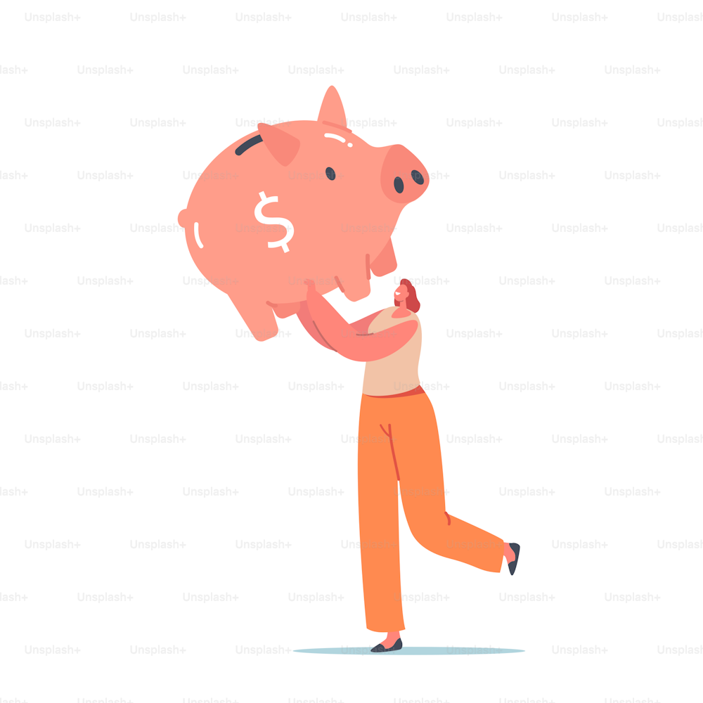 Tiny Female Character Carry Huge Piggy Bank. Woman Collect Money for Family Budget, Cash, Financial Profit. Universal Basic Income, Earn Salary and Wealth Concept. Cartoon Vector Illustration