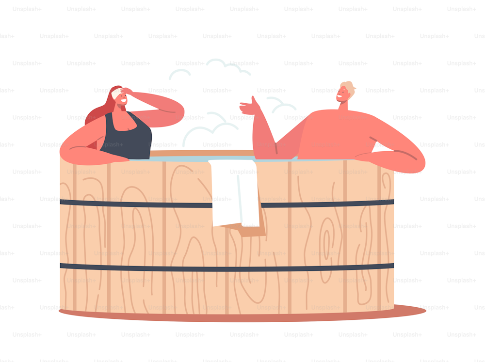 Relaxation, Body Care Therapy, Wellness, Hygiene, Honeymoon Date. Young Man and Woman Couple Sitting in Wooden Bath with Water Taking Sauna and Spa Water Procedure. Cartoon People Vector Illustration