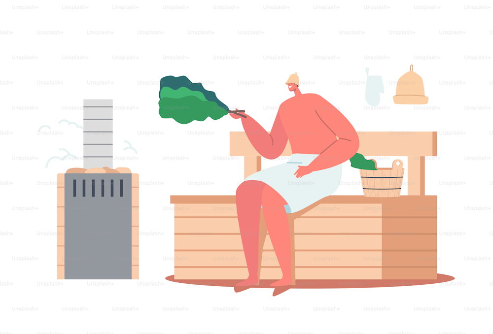 Sauna Spa Water Procedure, Wellness, Hygiene, Relaxation, Body Care Therapy. Man Sitting on Wooden Bench in Steam Room in Bath Beating Himself with Tree Broom. Cartoon People Vector Illustration