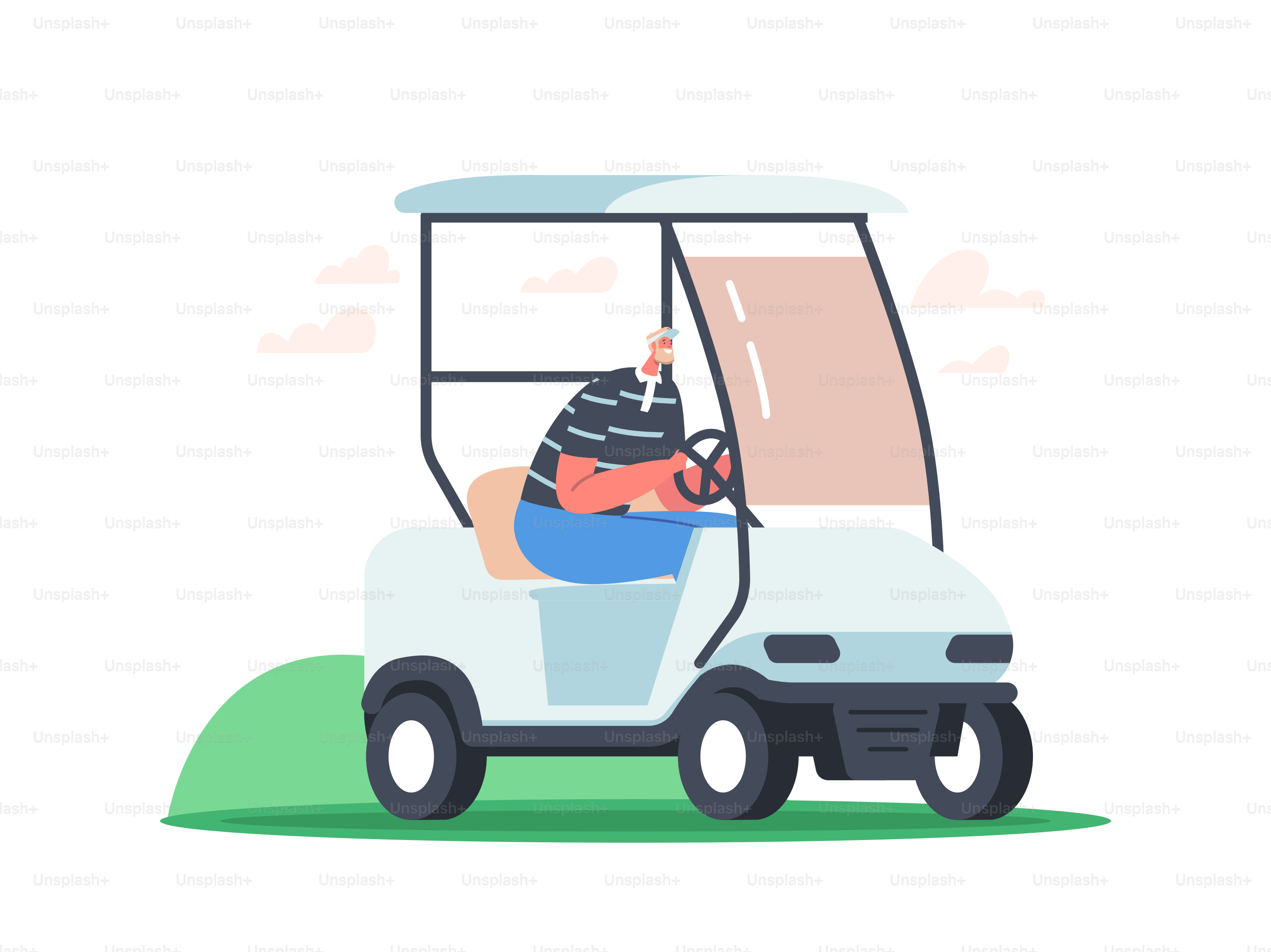 Glücklicher älterer lächelnder Mann, der einen Golfwagen über Grün fährt, isoliert auf weißem Hintergrund. Golfspieler Charakter verbringen Zeit im Outdoor-Club für Sport, Freizeit und Erholung. Cartoon-Vektor-Illustration.