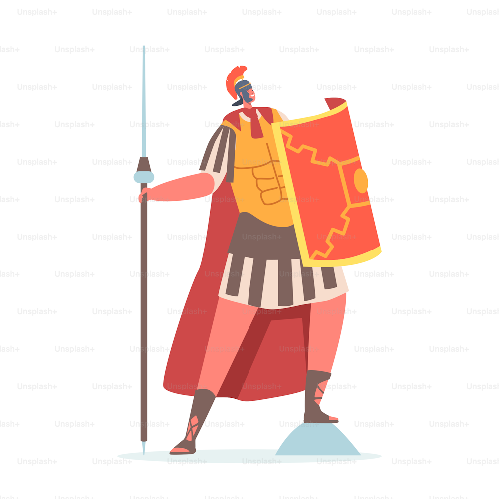Legionario espartano, soldado romano, gladiador guerrero con casco, capa sosteniendo lanza y escudo aislados sobre fondo blanco. Historia antigua Personaje masculino con armadura. Ilustración vectorial de dibujos animados