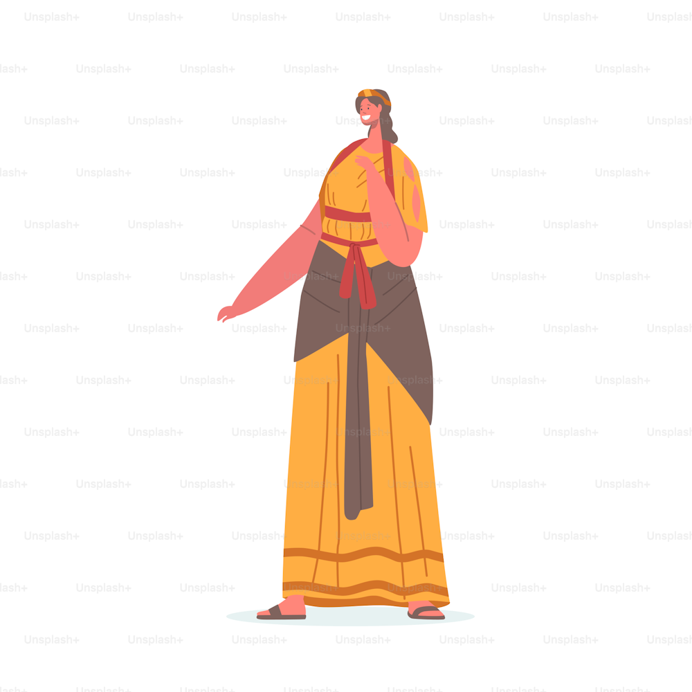 Personaje femenino ciudadano de la antigua Roma en túnica y sandalias. Mujer romana con ropa tradicional, traje histórico, diosa, actriz aislada sobre fondo blanco. Ilustración vectorial de Cartoon People