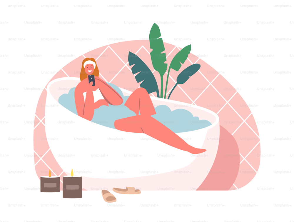 Young Woman Relaxing in Bathtub with Smartphone in Hands. Happy Female Character Hygiene and Beauty Procedure. Girl Washing Body Sitting in Foamy Bath Tub with Bubbles. Cartoon Vector Illustration