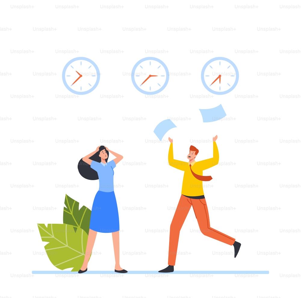 Work Rush, Office Chaos, Busy, Nervous Workers Fussing at Workplace. Colleagues Teamwork. Hurrying, Job Stress, Struggling with Deadline. Overwork People with Papers. Cartoon Vector Illustration