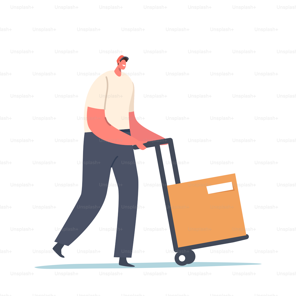 Worker in Uniform Driving Hand Truck with Carton Box. Cargo Transportation, Storage Logistic Concept. Export Import Merchandise, Courier Deliver Goods to Customer. Cartoon Vector Illustration