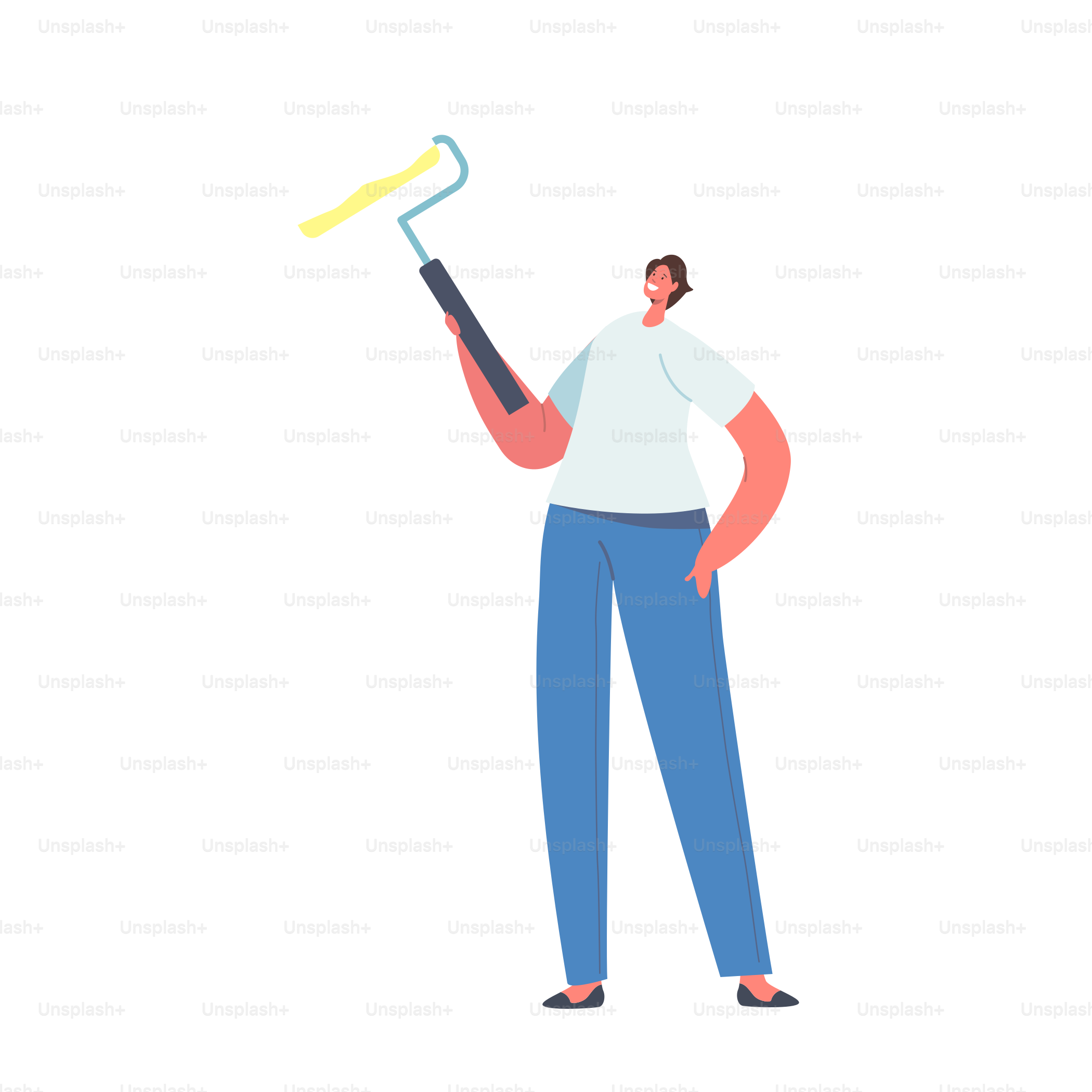 Female Character Hold Paint Roller in Hands Isolated on White Background. Woman Artist, Painter or Designer Making Home Renovation, Interior Design, Painting Walls. Cartoon People Vector Illustration