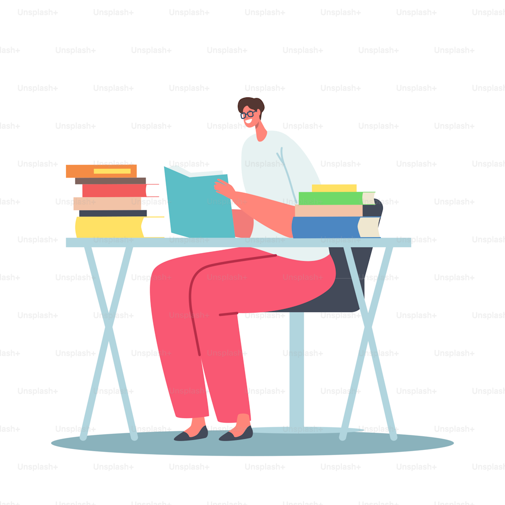 Young Woman Holding Book Sitting at Desk Prepare to Examination or Make Homework. Student Girl Character Reading, Learning. Education in University or College Concept. Cartoon Vector Illustration