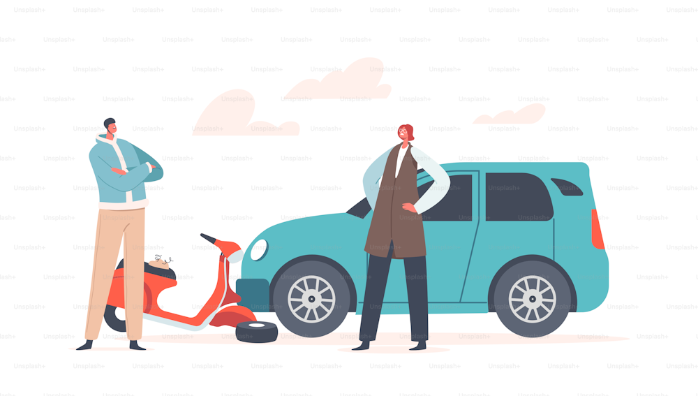 Car Hit Driver on Scooter, Accident with Automobile and Person on City Road, Health Insurance, Safety Concept. Dangerous Situation with Transport, Drunk Driver Victim. Cartoon Vector Illustration