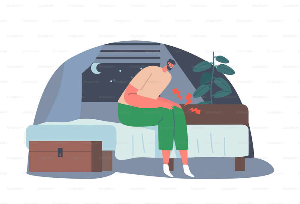 Night Muscle Spasm in Legs. Male Character Woke Up at Night in his Bed from Strong Leg Pain. Man Having Cramps, Sudden Aches in Knees due to Illness or Disorder. Cartoon People Vector Illustration