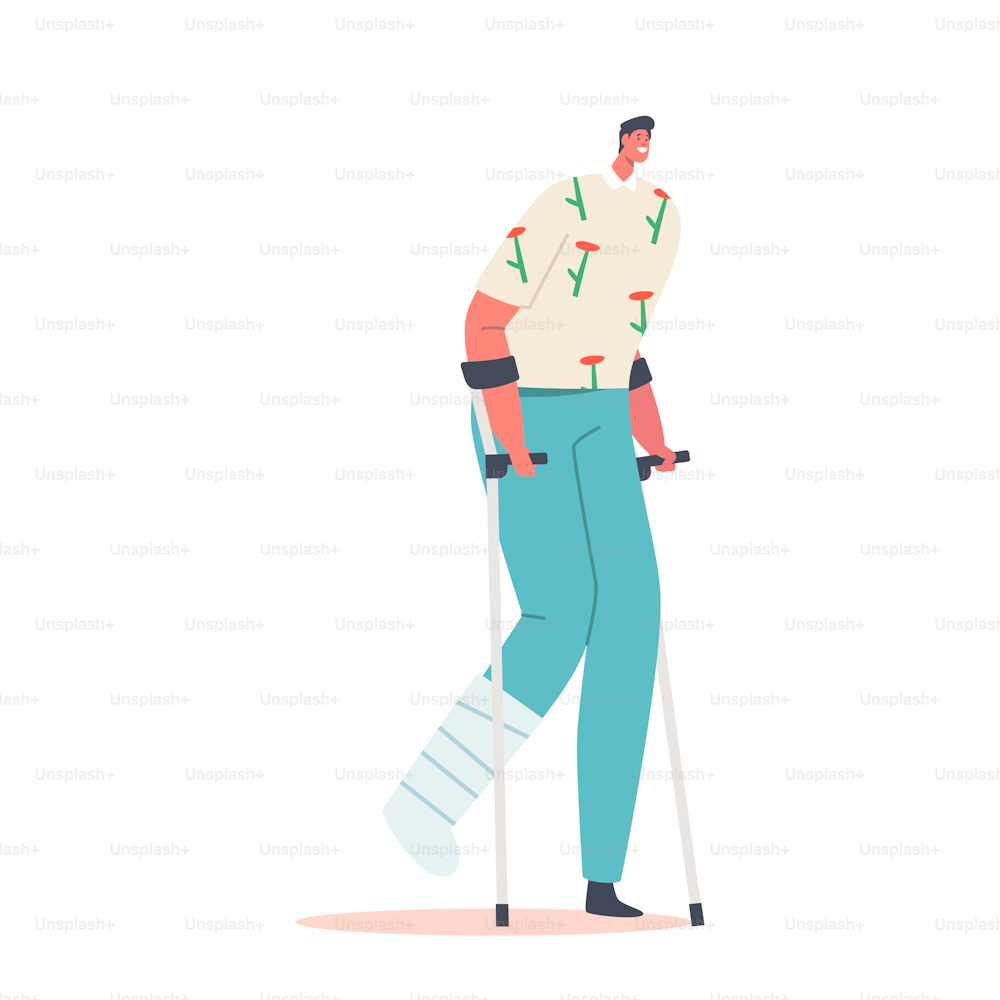 Injured Male Character Stand on Crutches with Bandaged Leg. Correction of Lost Physical Body Abilities with Therapeutic Help. Rehabilitation Disabled Physiotherapy. Cartoon People Vector Illustration