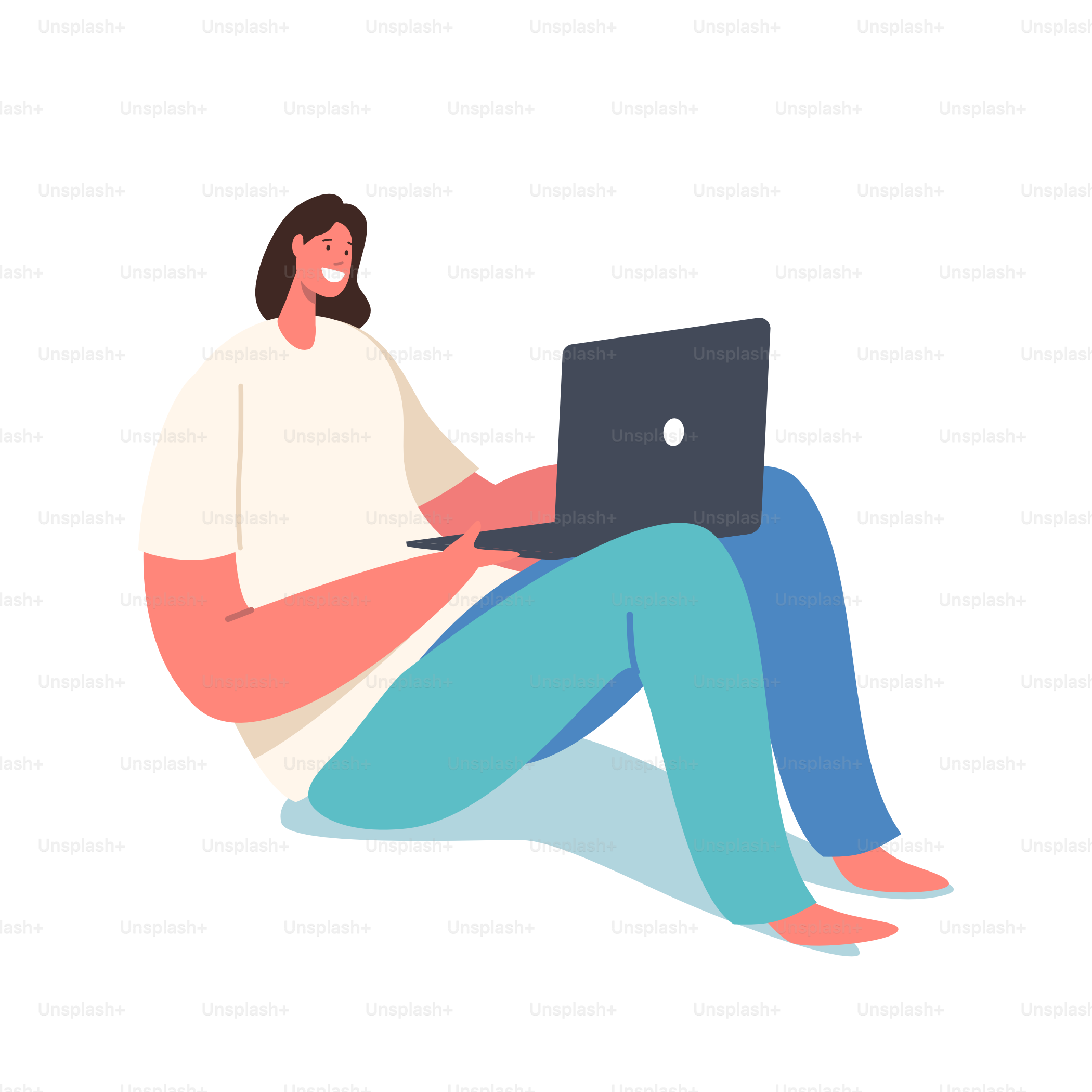 Entspannte Geschäftsfrau, Studentin oder Freiberuflerin, die am Laptop arbeitet, sitzt auf dem Boden und denkt über Aufgaben nach. Freiberuflich ausgelagerte Mitarbeitertätigkeit, Arbeitstätigkeit, Online-Dienste. Cartoon-Vektorillustration