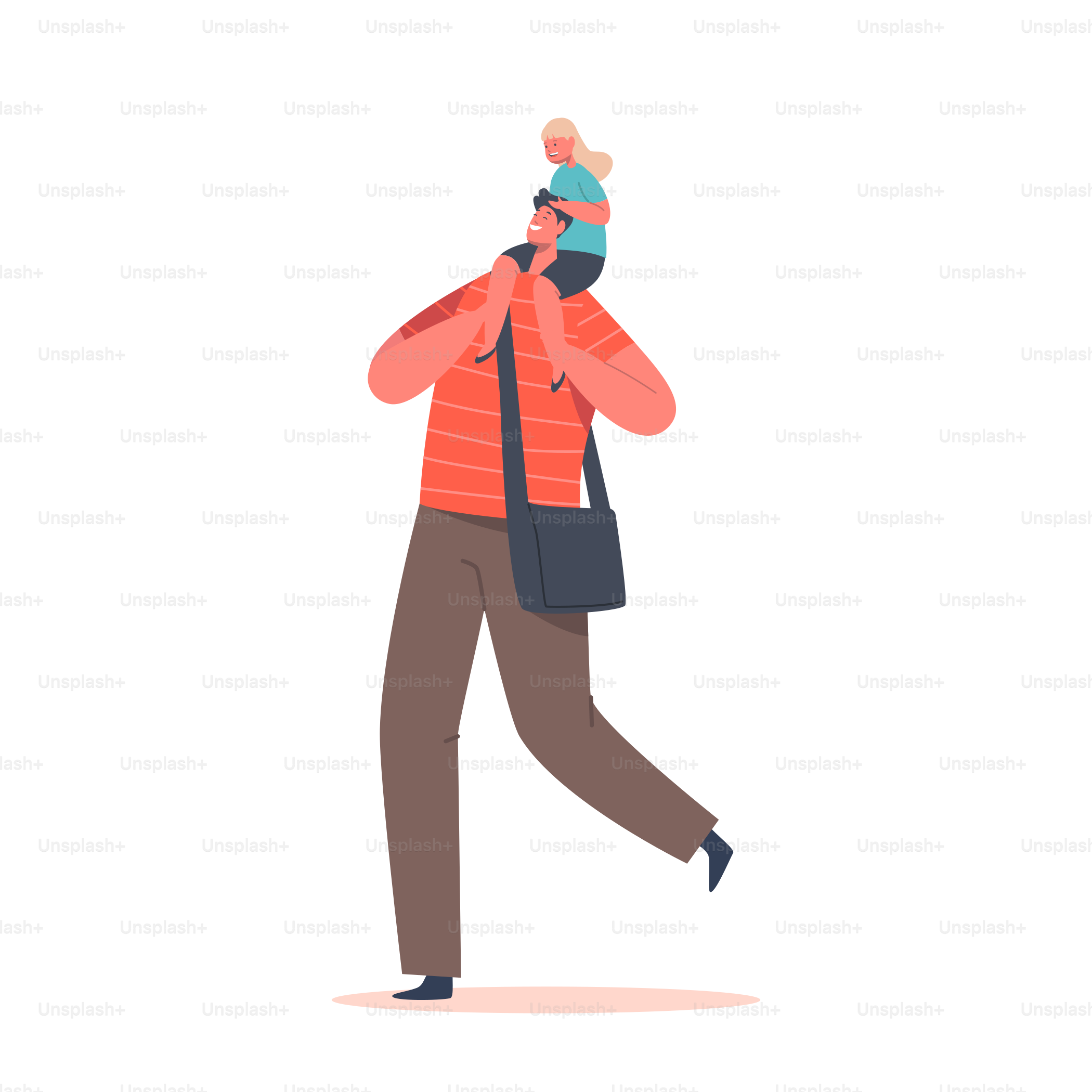 Family Characters Dad and Daughter Sitting on his Shoulders Spend Time Together, Fun, Communicate, Play. Happy Father with Little Child Isolated on White Background. Cartoon People Vector Illustration