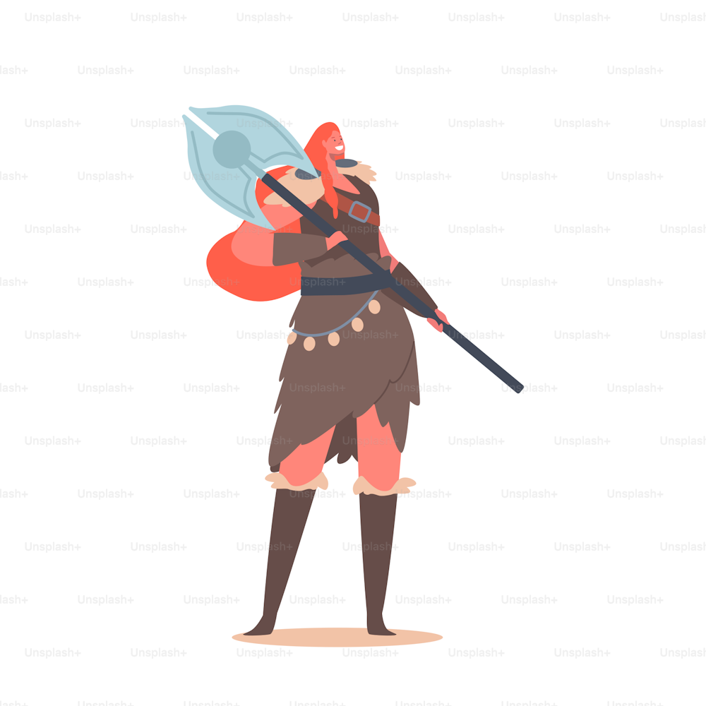 Femme viking, personnage des légendes nordiques. Personnage féminin guerrier scandinave aux cheveux roux, robe de fourrure, tenant une hache d’armure isolée sur fond blanc. Illustration vectorielle de bande dessinée