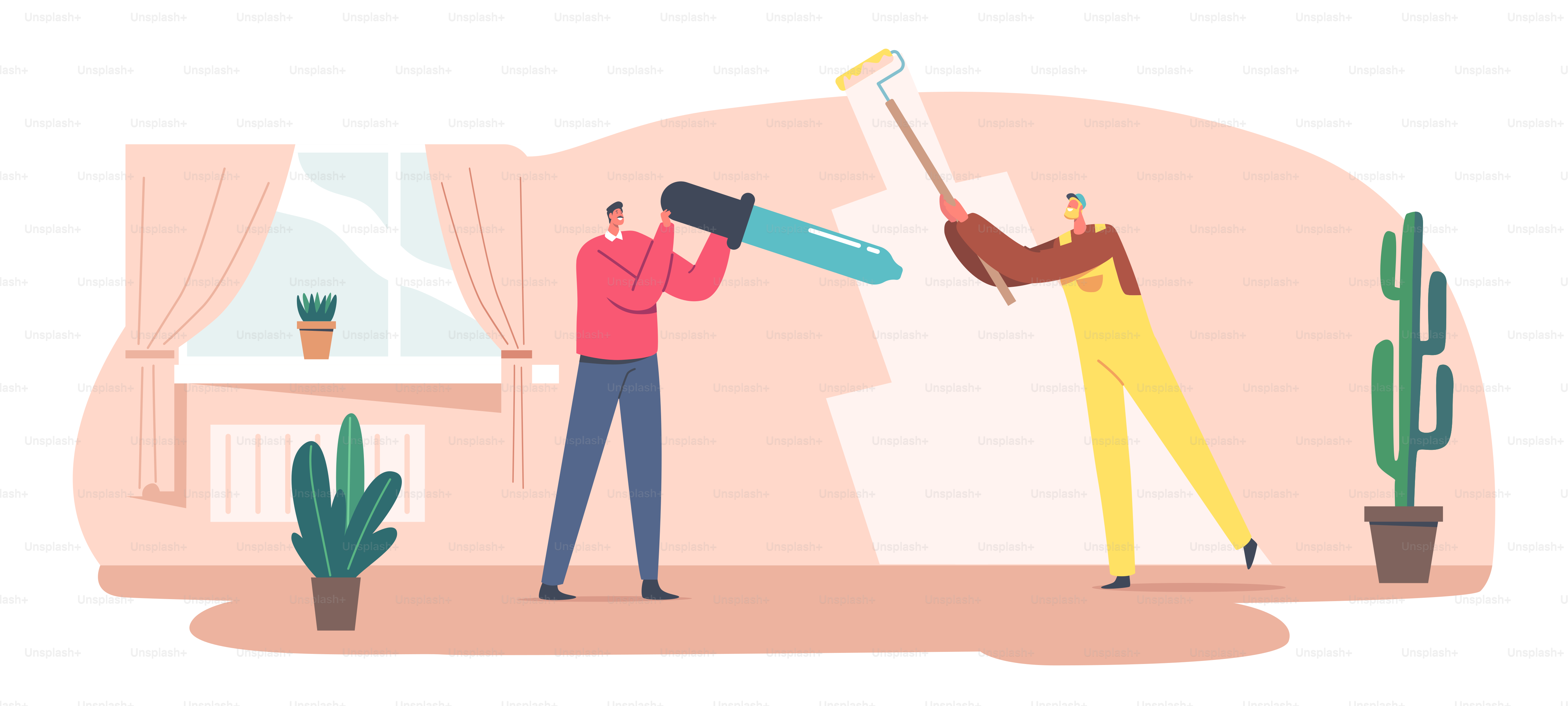 Mann mit Roller und Designer-Charakter mit Pipette streicht Wände im Wohnzimmer, baut Wohnungsrenovierung, dekoriert Inneneinrichtung, Haushaltsservice. Cartoon-Vektorillustration