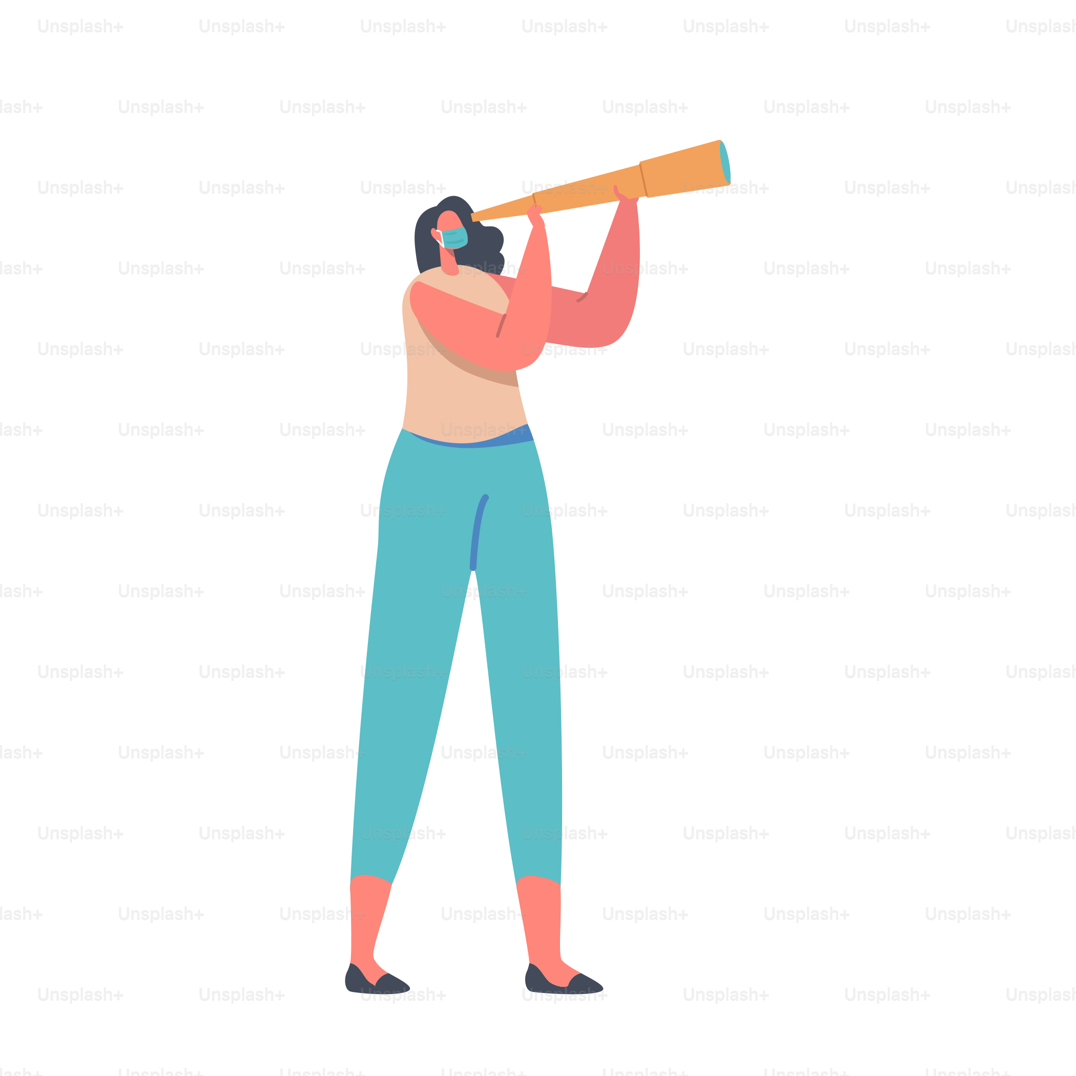 Businesswoman Wear Medical Mask Watching to Spyglass, Business Vision, Recruitment Employee, Female Business Character Visionary Forecast during Coronavirus Pandemic, Cartoon Vector Illustration