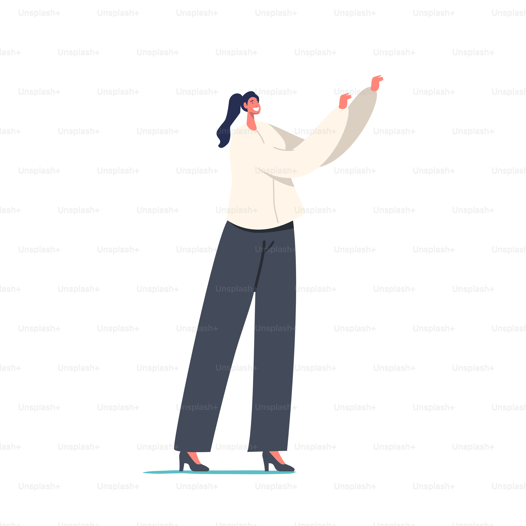 Personaje femenino con camisa blanca y pantalones negros aislados sobre fondo blanco. Mujer soltera, persona positiva y amable, coach, empresaria con ropa informal. Ilustración vectorial de personas de dibujos animados