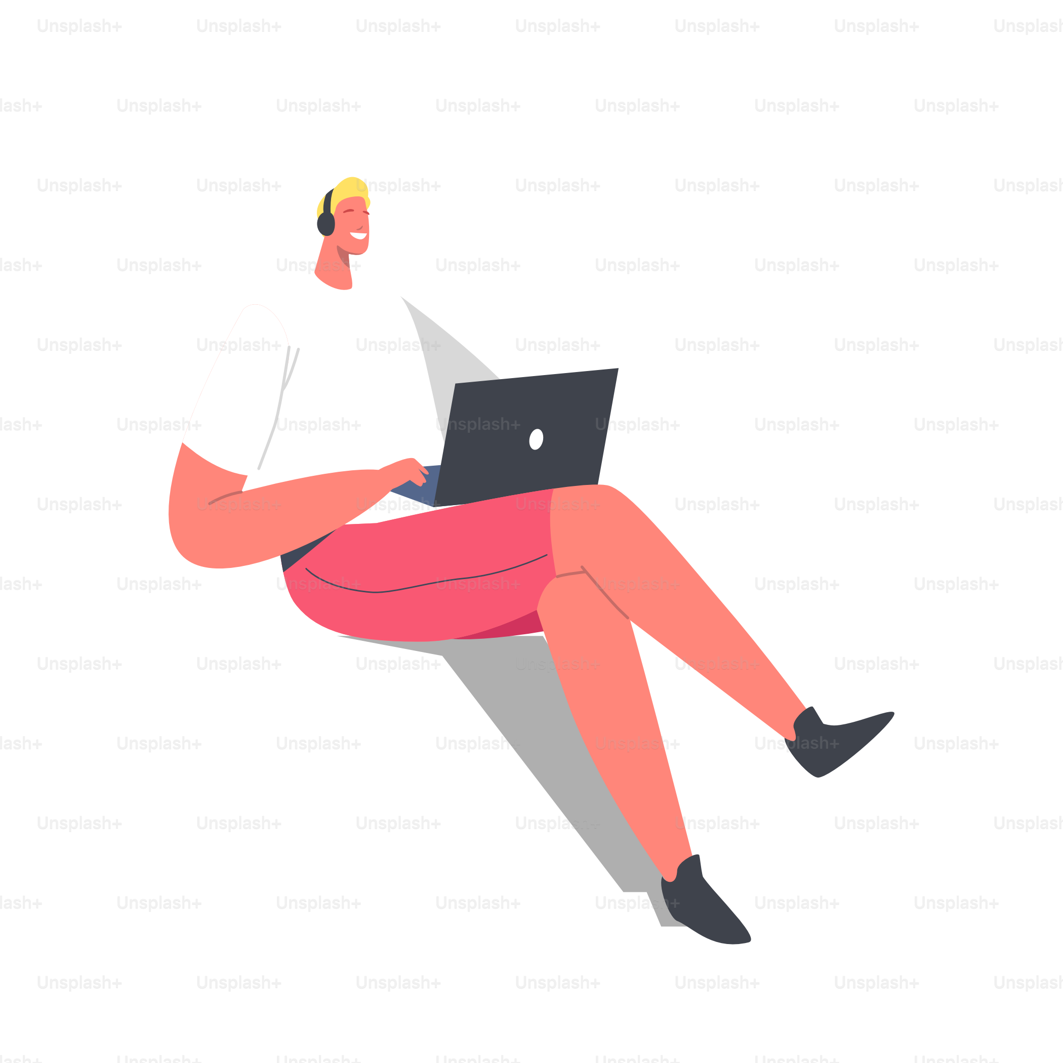 Freelance Occupation, Distant Education Concept. Relaxed Man Freelancer Character Wear Headphones Working Distant on Laptop, Class Learning, Remote Workplace. Cartoon People Vector Illustration