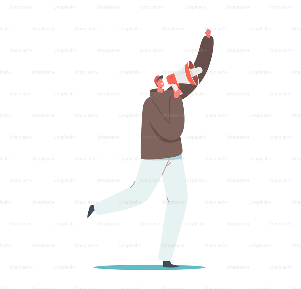 Male Character Yell to Megaphone. Man Shouting to Loudspeaker during Revolution Protest, Demonstration or Strike. Propaganda, Promotion, Public Relations Concept. Cartoon Vector Illustration
