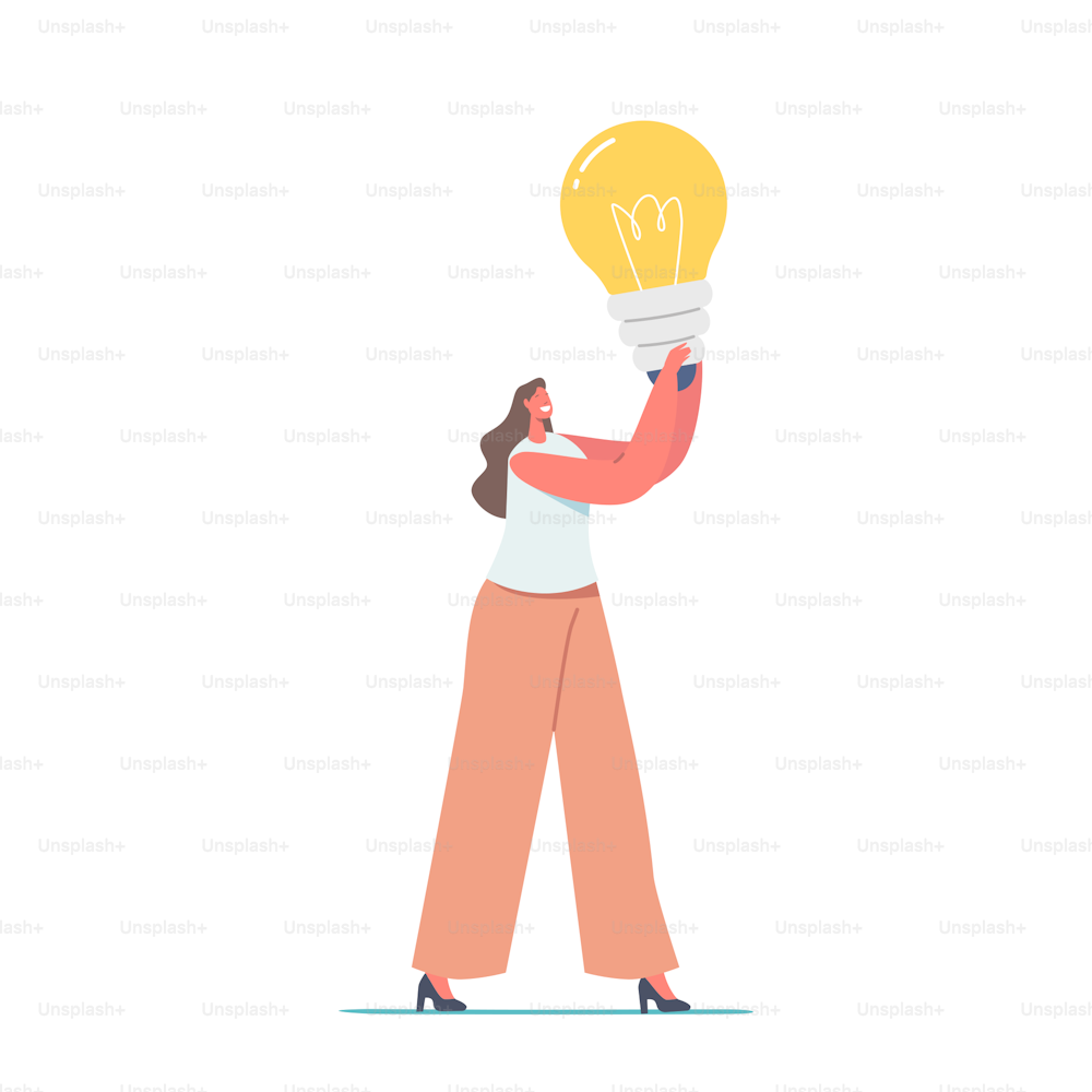 Tiny Female Character with Huge Glowing Light Bulb in Hands. Businesswoman Has Creative Idea, Muse, Business Vision, Educational Insight and Motivation, Business Success. Cartoon Vector Illustration