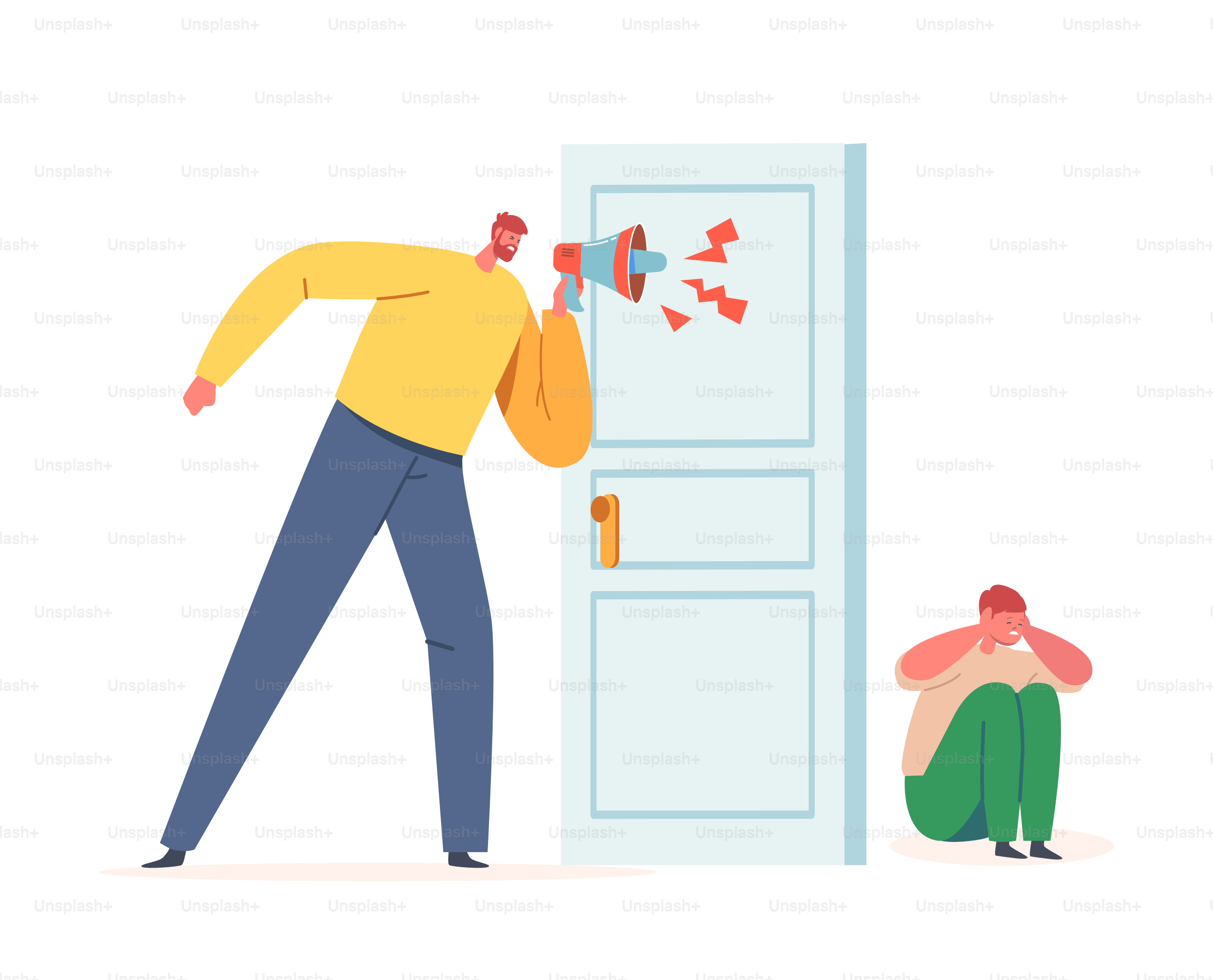Aggressiver Vater schreit mit Megafon den kleinen Jungen an, der sich hinter einer Zimmertür versteckt. Familienfiguren: Elternteil und Kind in Konfliktbeziehungen. Sohn sitzt auf dem Boden und bedeckt die Ohren. Cartoon People Vektorillustration