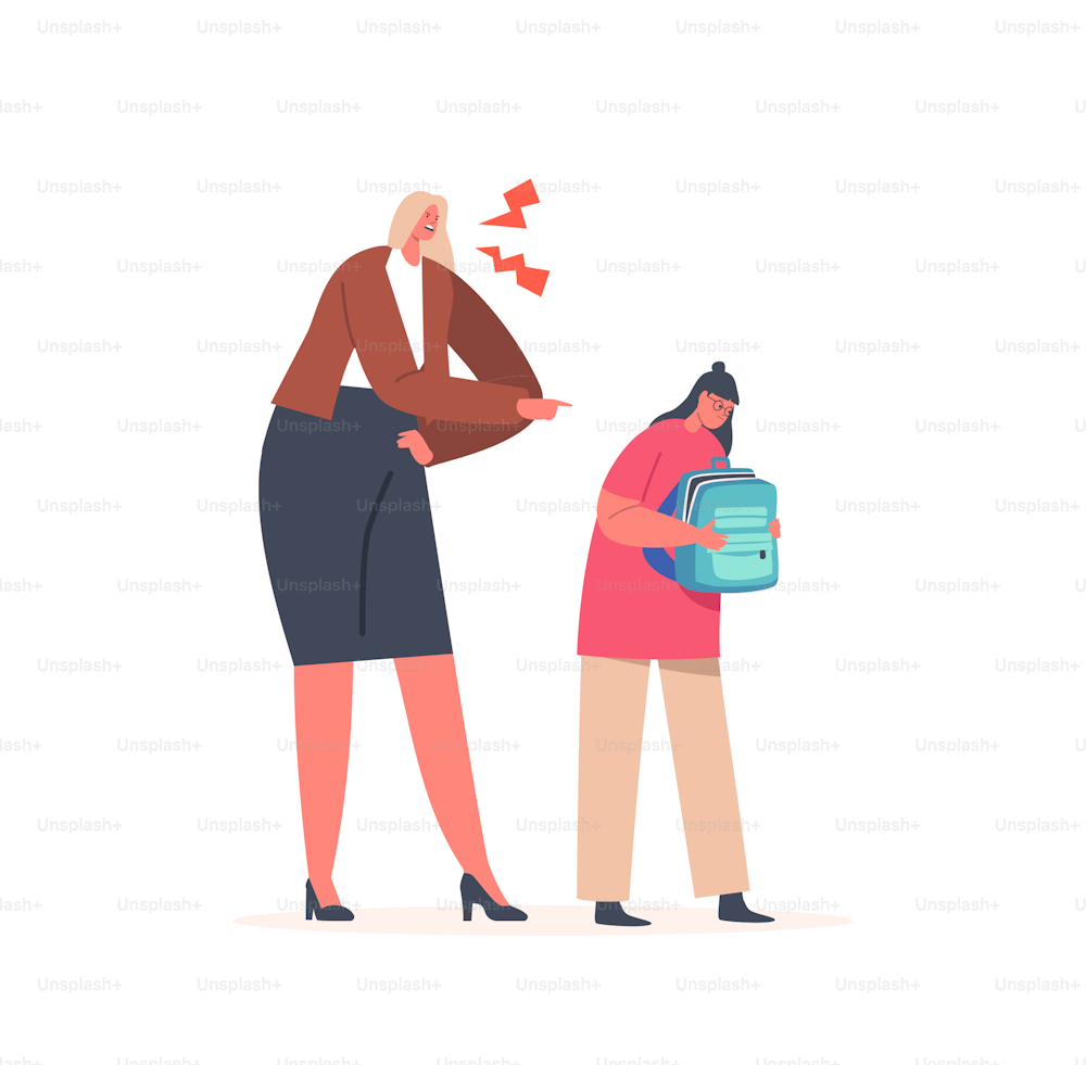Family Characters Mother and Daughter in Conflict Situation, Angry Woman Blaming and Scolding Girl with School Bag in Hands. Mom Upset with Bad Learning, Discipline. Cartoon People Vector Illustration