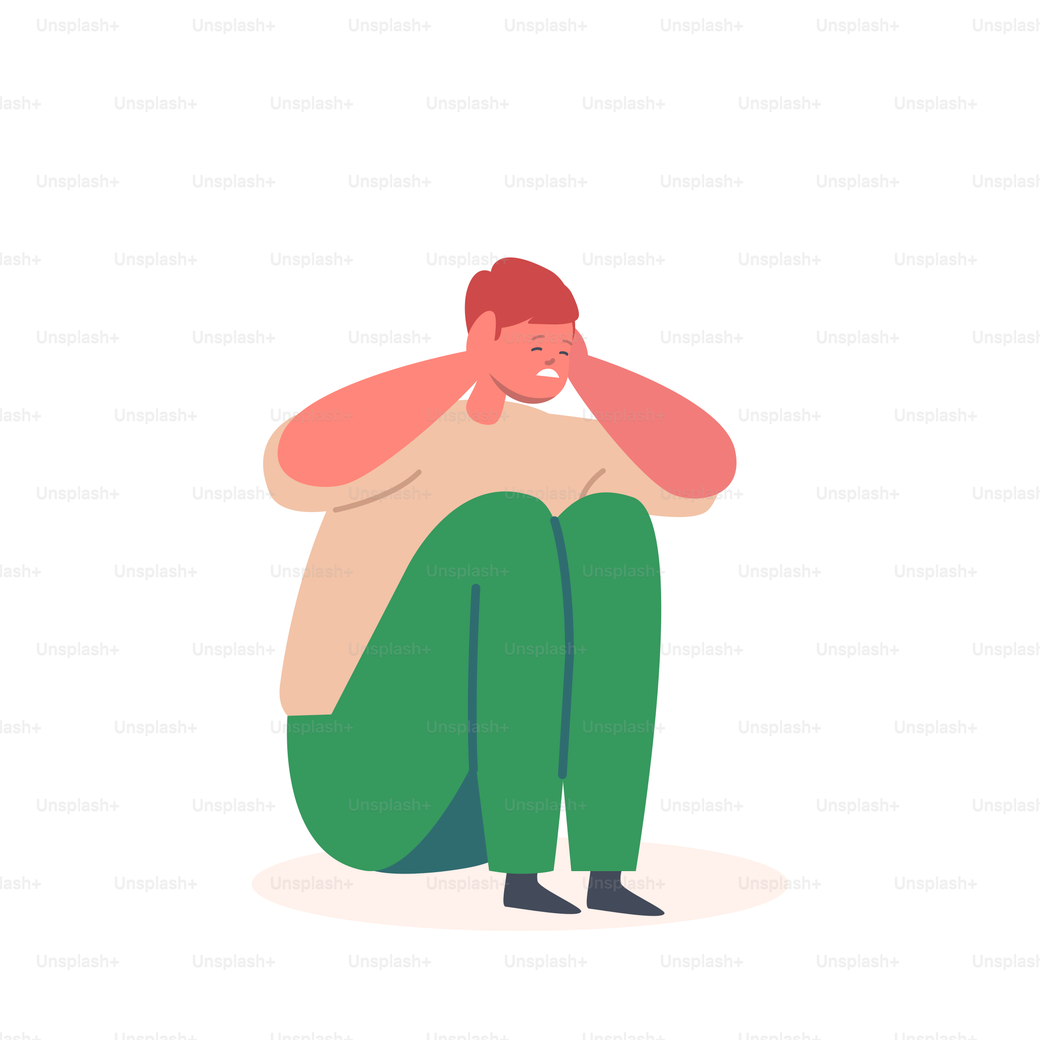 Kleine Kinderfigur sitzt auf dem Boden, bedeckt die Ohren mit den Händen. Familienprobleme, häusliche Gewalt, Mobbing-Konzept. Depressiver, ängstlicher Junge, isoliert auf weißem Hintergrund. Cartoon People Vektorillustration