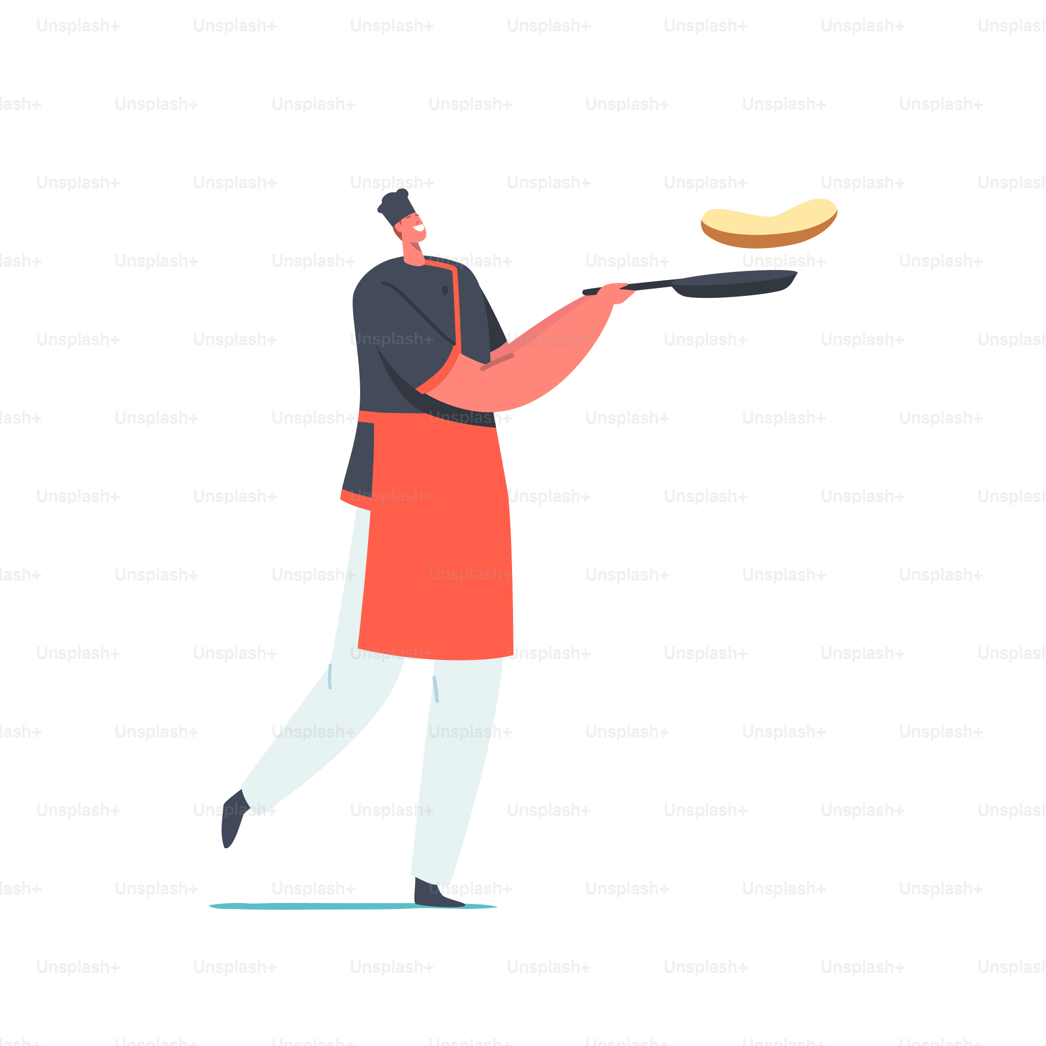 Le personnage masculin du chef porte une tuque, un tablier et un uniforme de restaurant en lançant des crêpes en l’air sur la casserole. Personnel du café Repas de cuisine, petit-déjeuner, pâtisserie maison. Illustration vectorielle de personnes de dessins animés