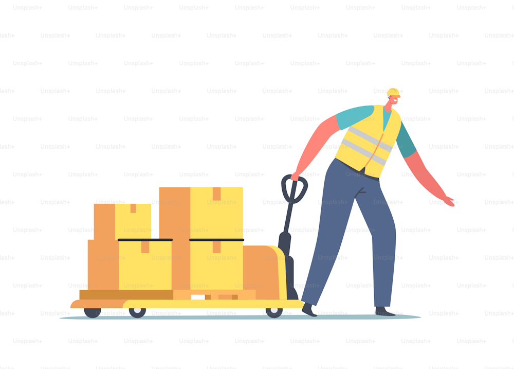 Cargo Transportation, Storage Logistic Concept. Worker in Uniform Pull Hand Truck with Carton Boxes. Export Import Merchandise, Courier Deliver Goods to Customer. Cartoon Vector Illustration