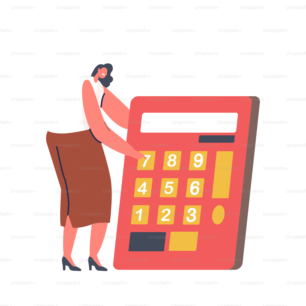 Business Character Holding Huge Calculator in Hands Isolated on White Background. Woman Working, Counting Percent, Roi, Return on Investment or Money Refund Concept. Cartoon People Vector Illustration