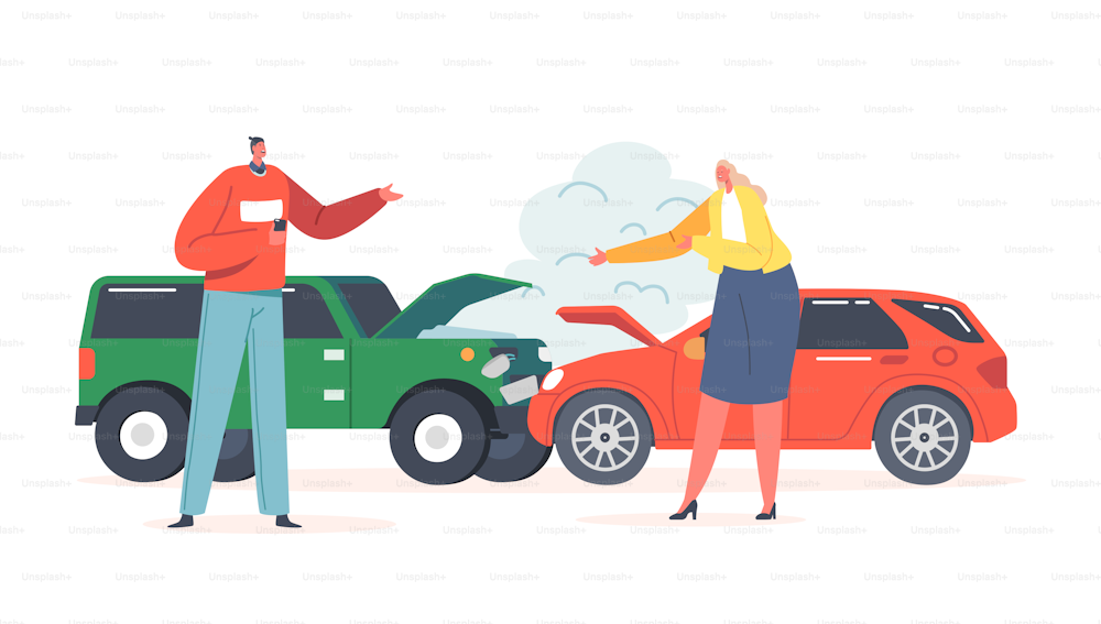 Car Accident on Road, Couple of Drivers Male and Female Character Stand on Roadside at Crashed Automobiles. Insurance Situation, Dwellers Suffered in Traffic Jam. Cartoon People Vector Illustration