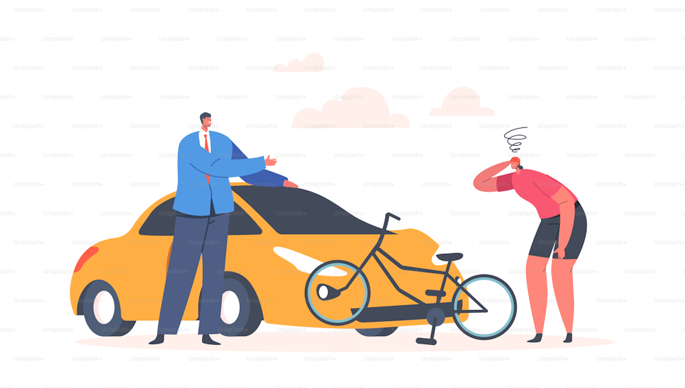 Car Bump into Bicycle with Bicyclist Woman, Driver Stand at Broken Automobile, Accident in City with Victim, Accidental Damage, Collision on Road, Dangerous Situation. Cartoon Vector Illustration