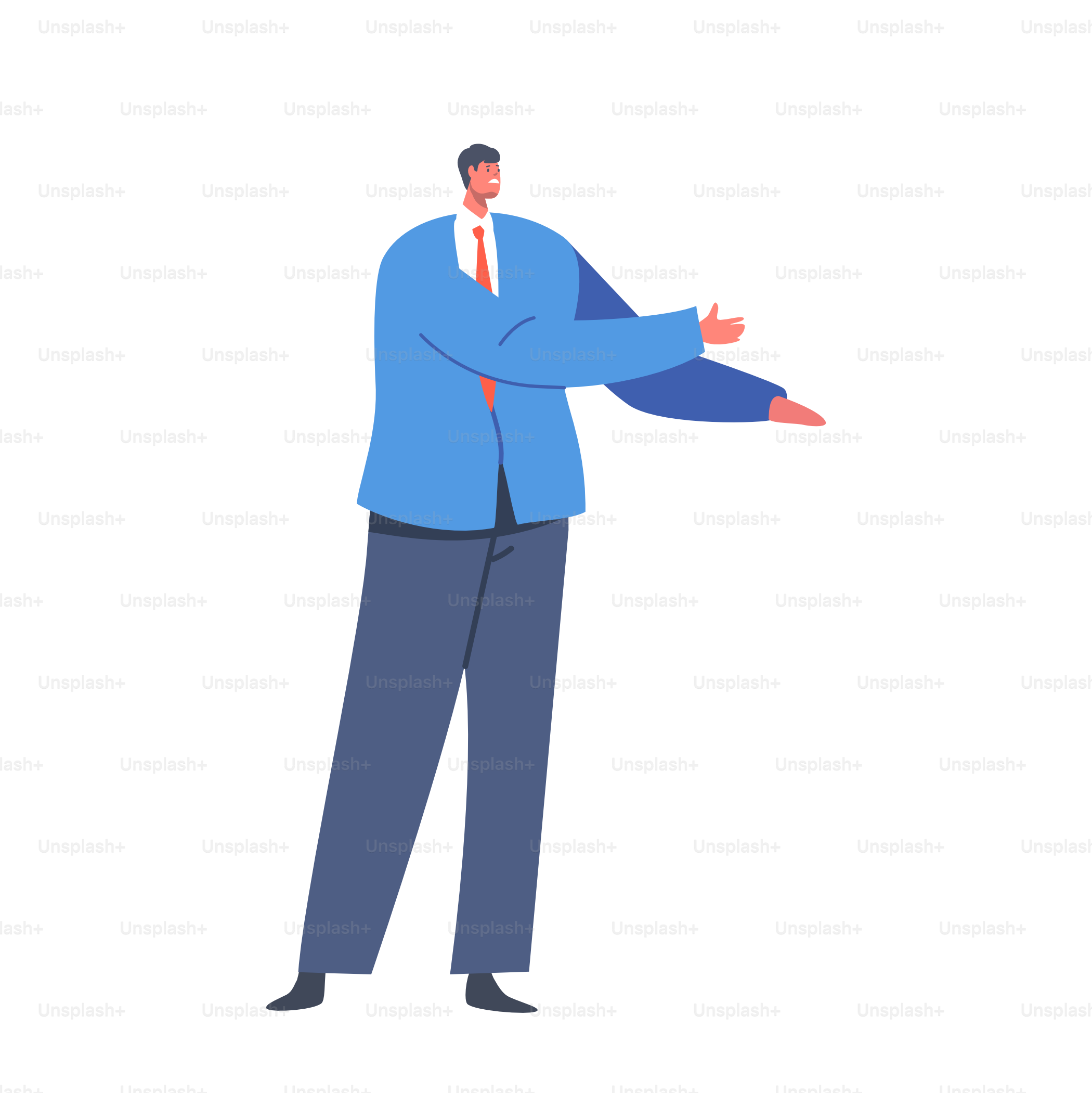 Personagem masculino solteiro usa blazer azul e calças isoladas em fundo branco. Homem de negócios maduro e abalado e fashionado, pessoa triste e descontente com roupas modernas. Ilustração vetorial de Cartoon People