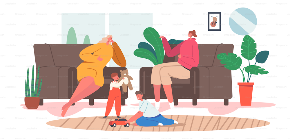 Moms Girlfriend Visit Home Concept. Happy Mother and Friend Characters Sit on Couch, Drink Tea, Chatting, Share Gossips, Kids Playing on Carpet. Weekend Sparetime. Cartoon People Vector Illustration