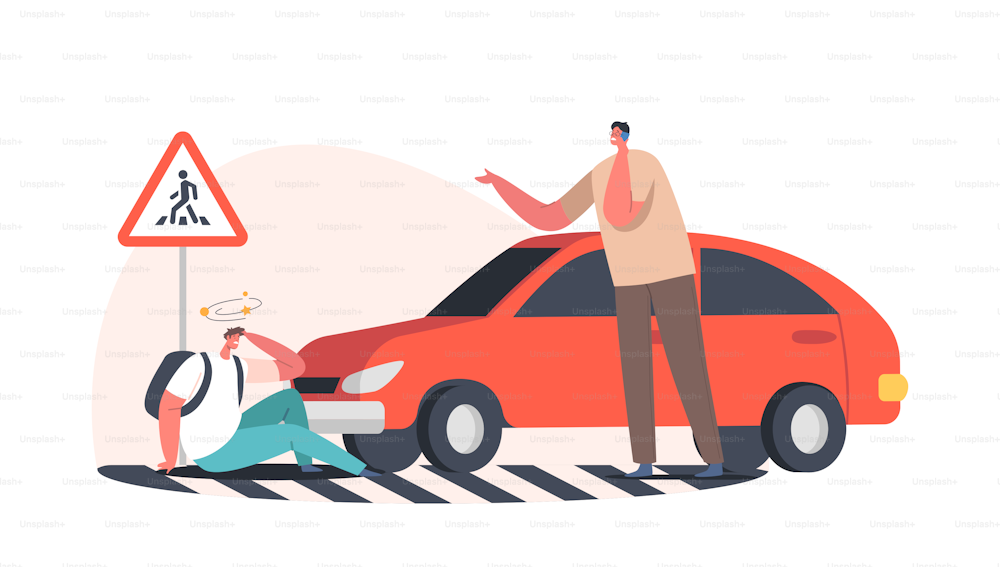 Dangerous Situation with Transport, Drunk Driver Victim. Car Hit Pedestrian on Road, Accident with Automobile and Person in City, Health Insurance, Safety on Road Concept. Cartoon Vector Illustration