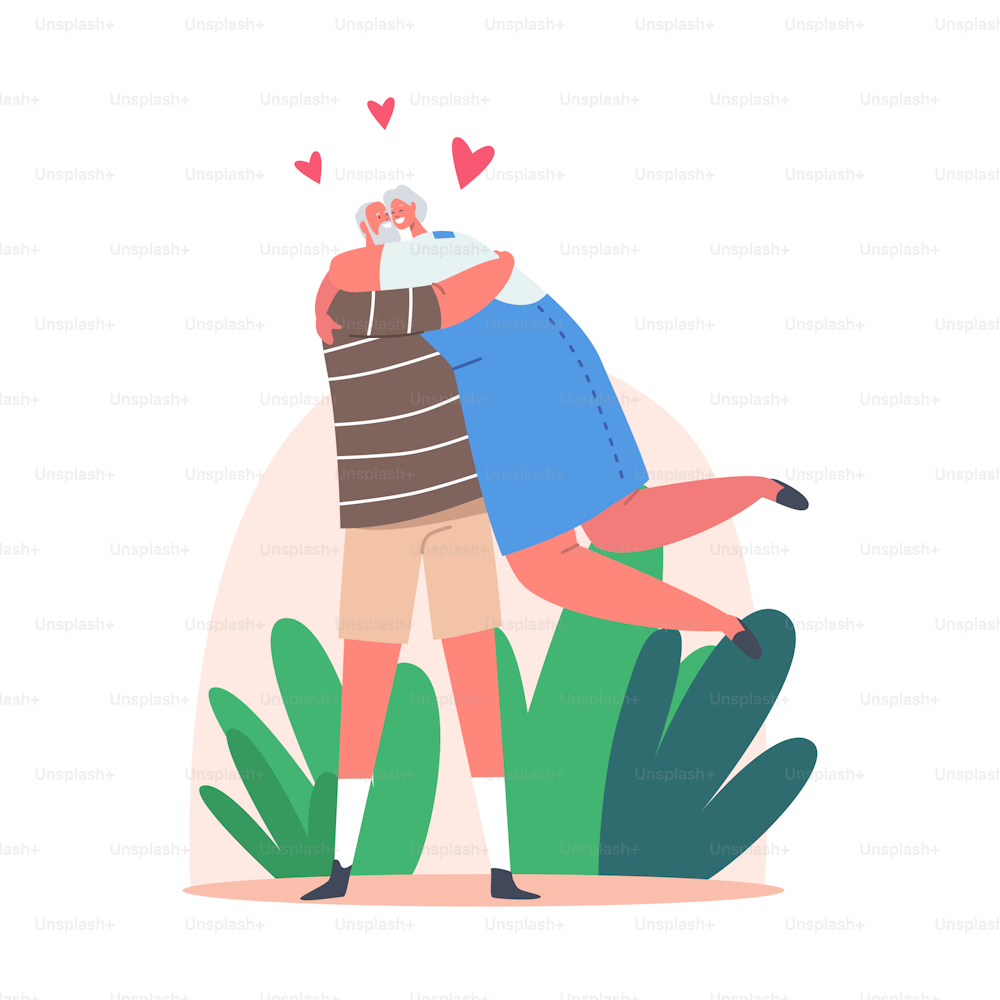 Happy Elderly Male and Female Characters Hugging. Loving Aged Couple Romantic Relations. Senior Man and Woman Embrace Each Other, Love Feelings, Romance Emotions. Cartoon People Vector Illustration