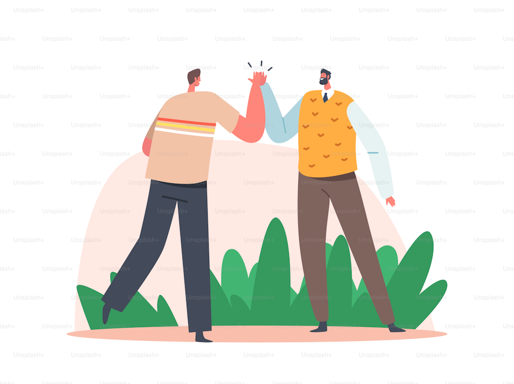 Human Greetings, Bonding Relations, Connection between Pals or Buddies. Couple Male Friends Characters Take High Five to Each Other as Symbol of Friendship and Solidarity. Cartoon Vector Illustration