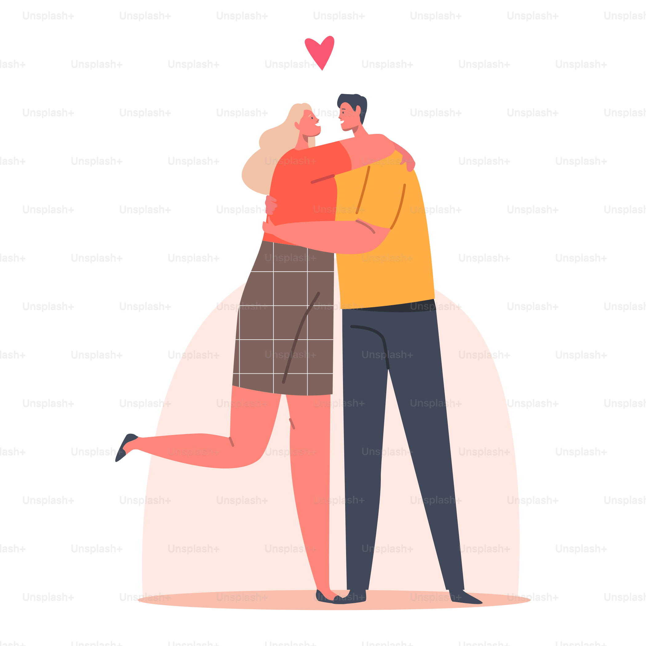 幸せな男女が抱き合い、抱き合う。恋愛するカップルの恋愛関係。恋人たちのキャラクターのデート、男女の愛、つながり、恋愛感情のコンセプト。カートゥーンピープルのベクターイラストレーション