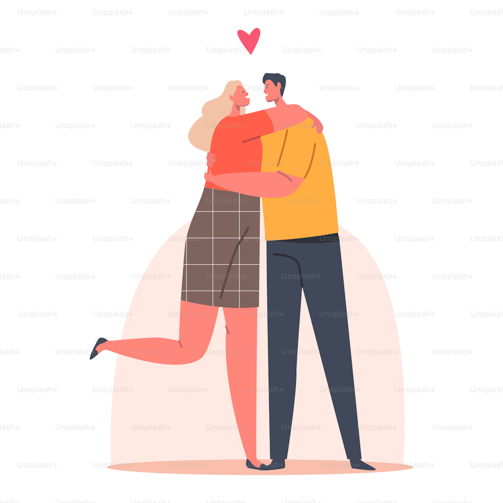 Happy Man and Woman Embracing and Hugging. Loving Couple Romantic Relations. Lovers Characters Dating, Male and Female Love, Connection, Romance Feelings Concept. Cartoon People Vector Illustration