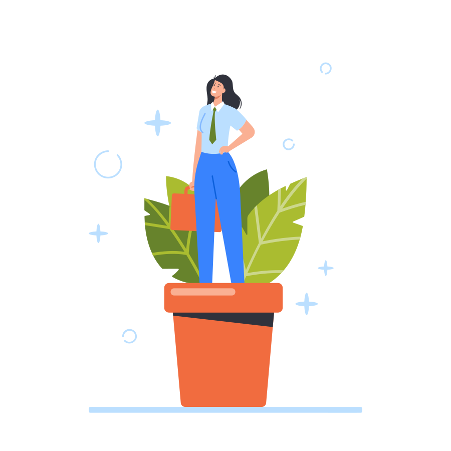 Concept de croissance des talents. Femme d’affaires de caractère féminin Cultivez en pot. Développement personnel, culture en pot de plantes, forte, saine, croissance professionnelle, formation, carrière. Illustration vectorielle de personnes de dessins animés