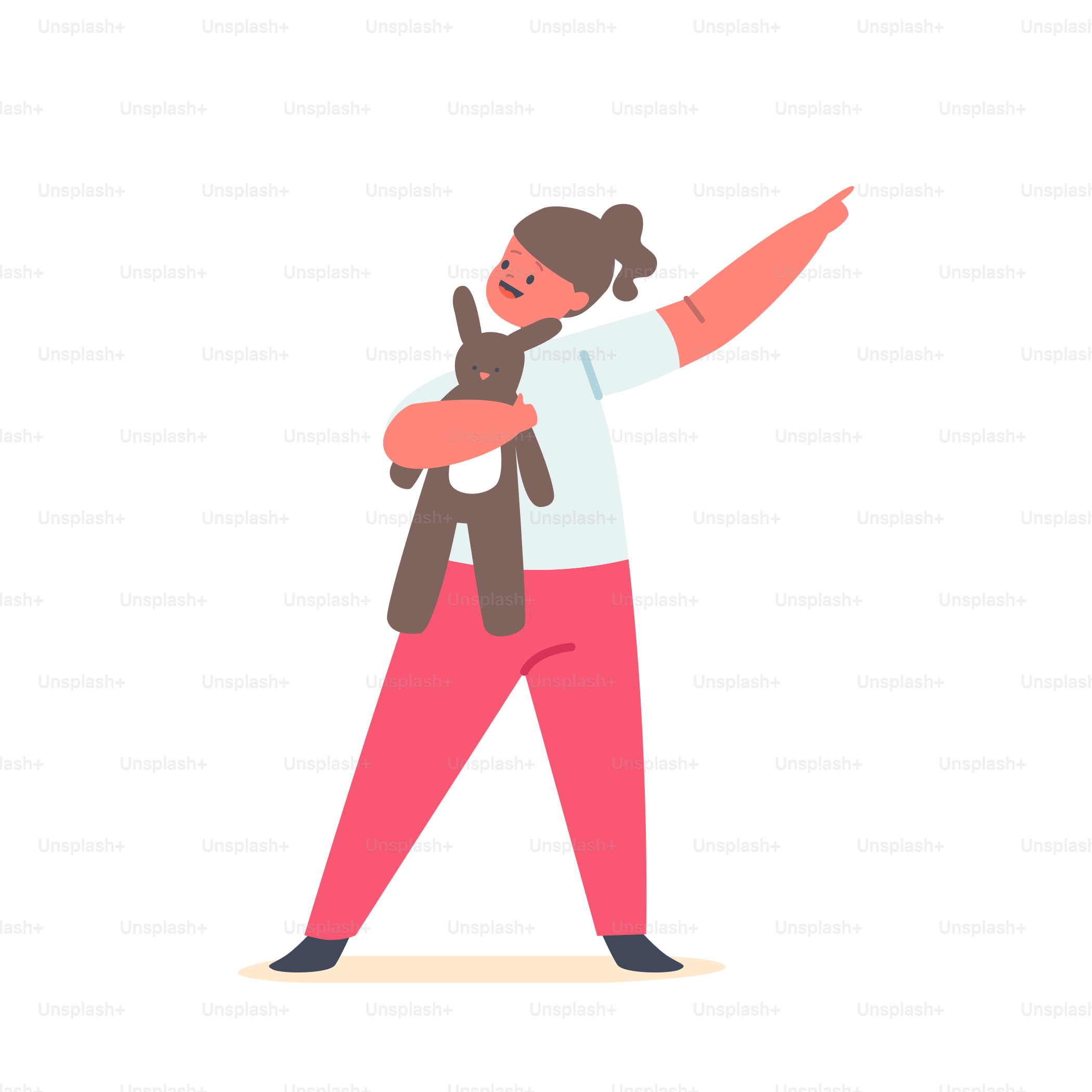 Little Child Playing with Toy. Kid with Plush Rabbit Pointing with Index Finger, Girl Has Recreation Isolated on White Background. Kids Activity, Character Fun Game. Cartoon People Vector Illustration