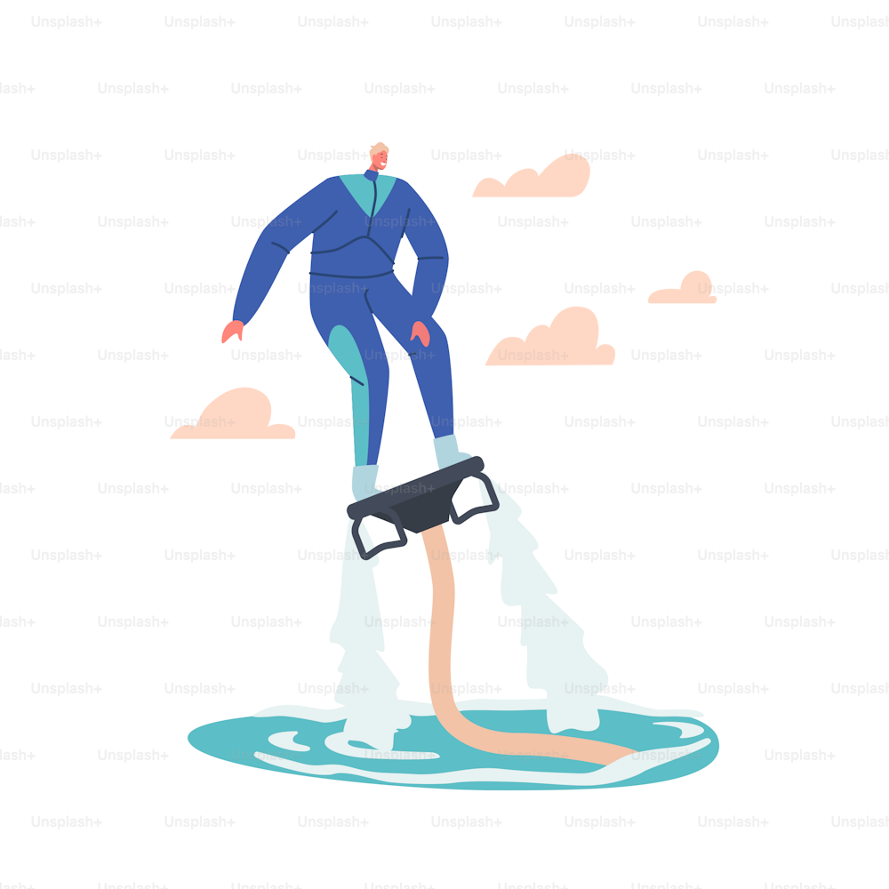 Extreme Water Sports Concept. Professional Fly Board Rider in Tropical Sea Making Stunts, Summer Vacation Outdoor Fun, Sportsman Character Waterjet Sport Activity. Cartoon People Vector Illustration