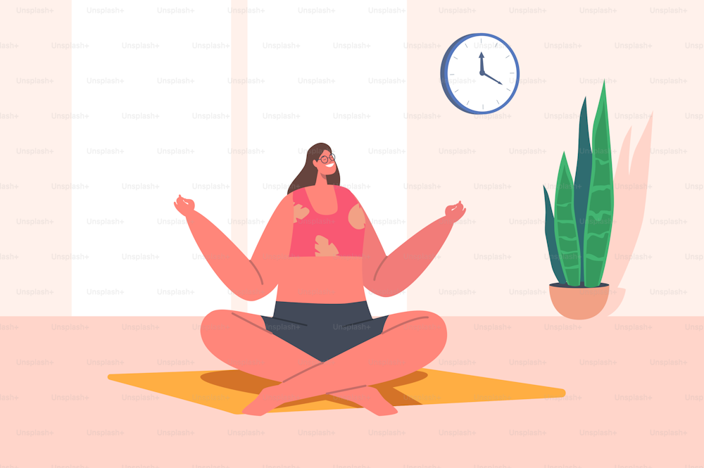 Woman Meditating Sitting in Lotus Pose in Light Hall. Indoors Yoga, Healthy Lifestyle, Relaxation, Emotional Balance, Harmony with Mind, Life Relaxation, Positive Zen Mood. Cartoon Vector Illustration