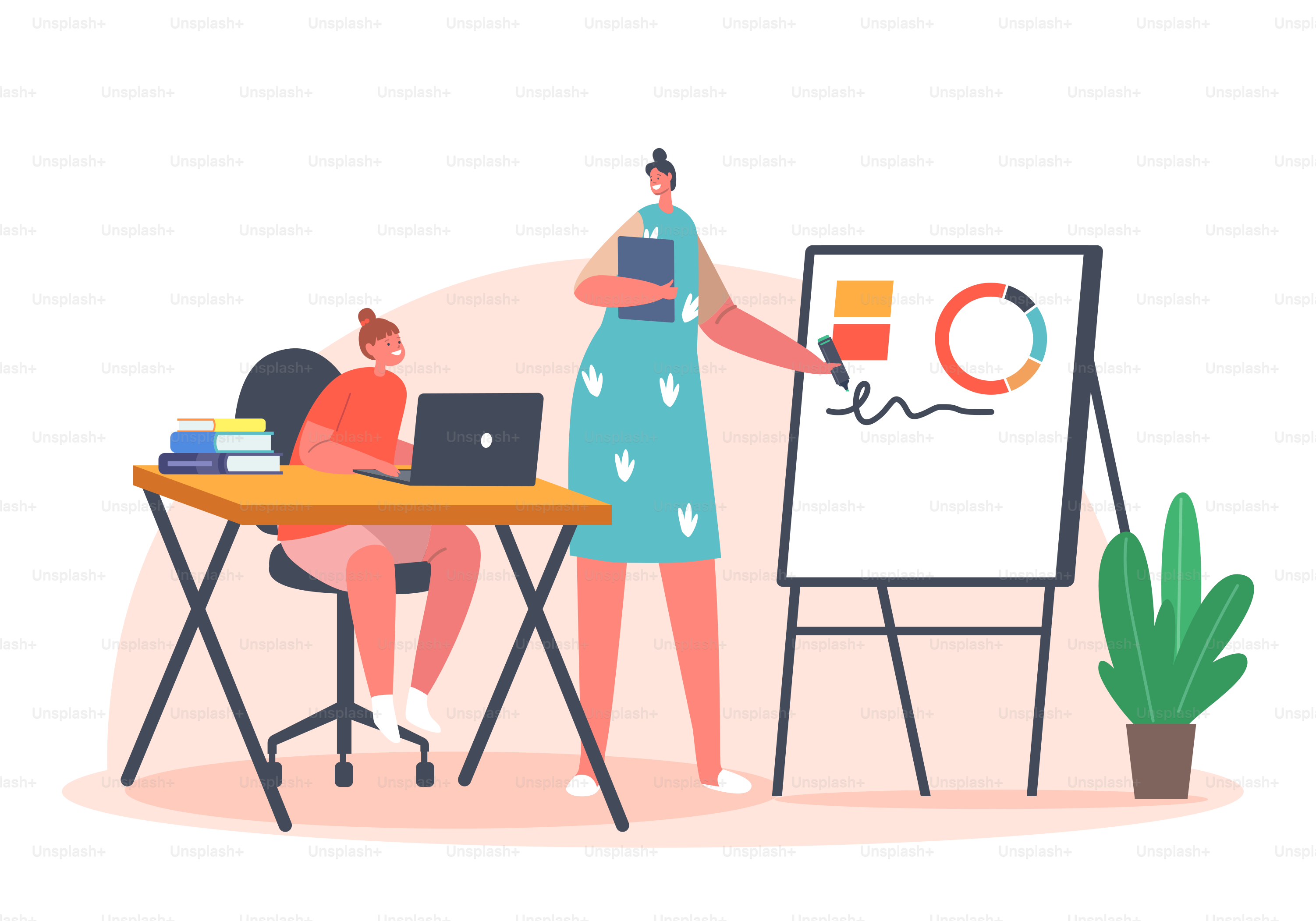 Kids Home Education Concept. Mother Character Help Daughter with Homework. Child Sitting at Table with Laptop and Textbooks Listen Tutor or Parent at White Board. Cartoon People Vector Illustration