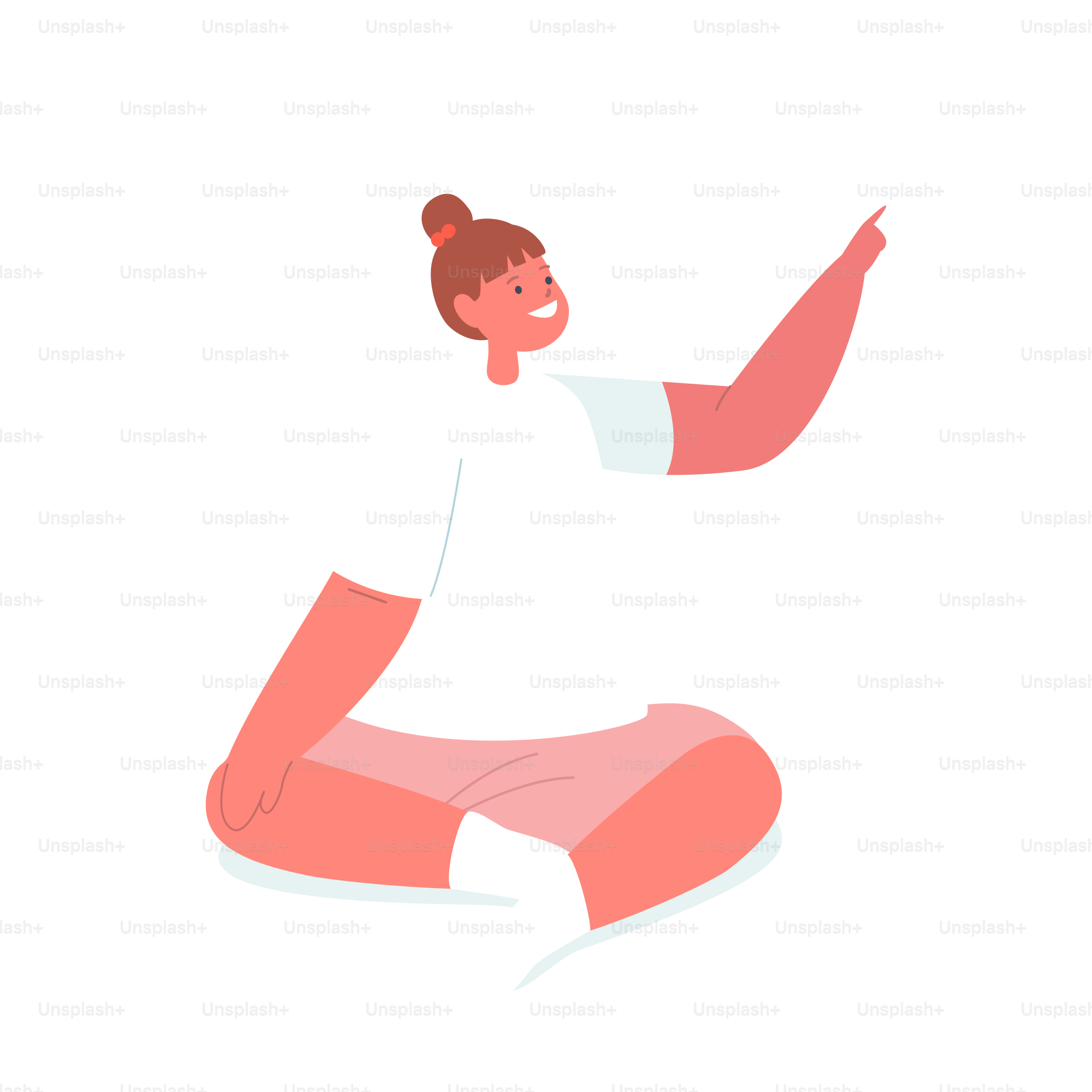 Little Girl in White T-short and Bun Hairstyle Sitting on Floor Pointing with Finger Up. Child Character Isolated on White Background. Kids Fashion, Childhood Concept. Cartoon Vector Illustration