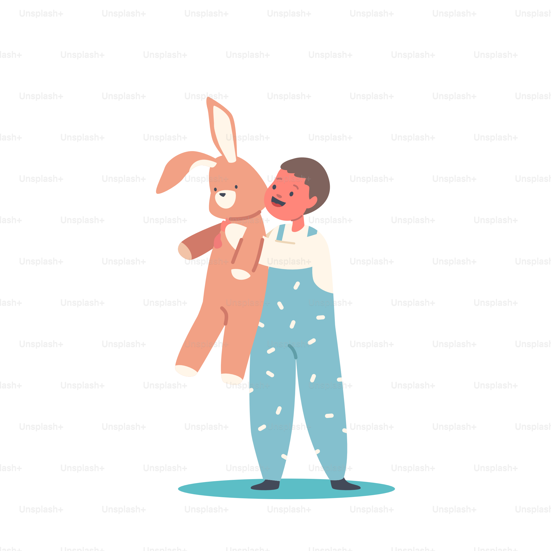 Kleines Kind spielt mit Spielzeug. Kind mit plüschigem Kaninchen, Junge in blauen Overalls, Spaß und Freizeit isoliert auf weißem Hintergrund. Kinderaktivität, Charakterspiel. Cartoon People Vektorillustration