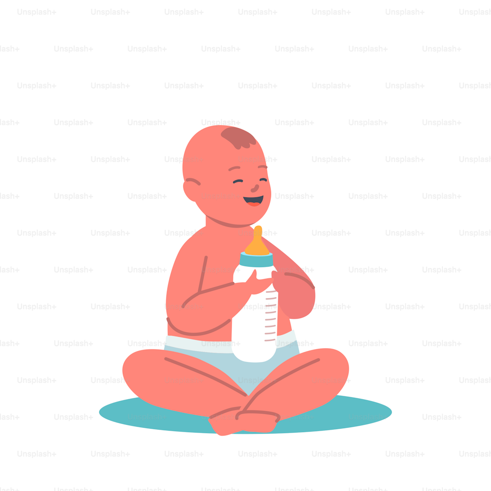 Newborn Baby Little Boy or Girl in Diapers Sitting on Floor Isolated on White Background. Cute Child Character Eating, Drink Milk from Bottle., Toddler Infant Feed. Cartoon People Vector Illustration