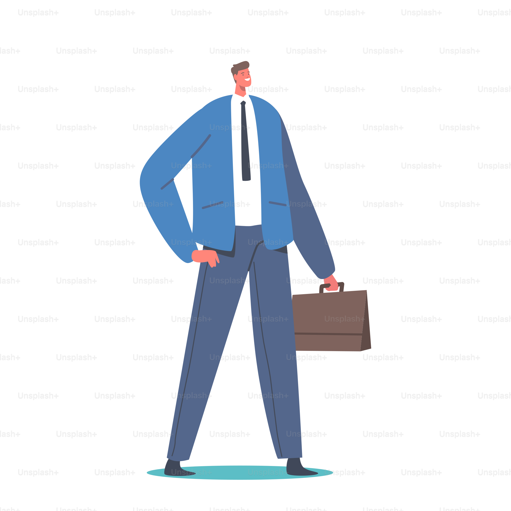 Smiling Confident Businessman, Cheerful Male Character Wear Blue Formal Suit with Briefcase in Hand Isolated on White Background. Single Manager Personage, Clerk. Cartoon Vector Illustration, Clip Art